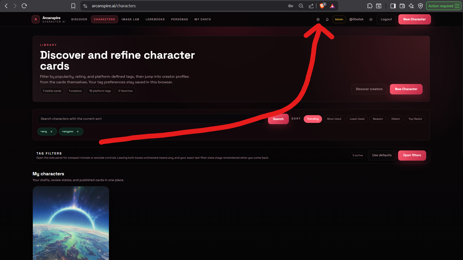 Arcanspire characters page with the settings gear highlighted in the top navigation.