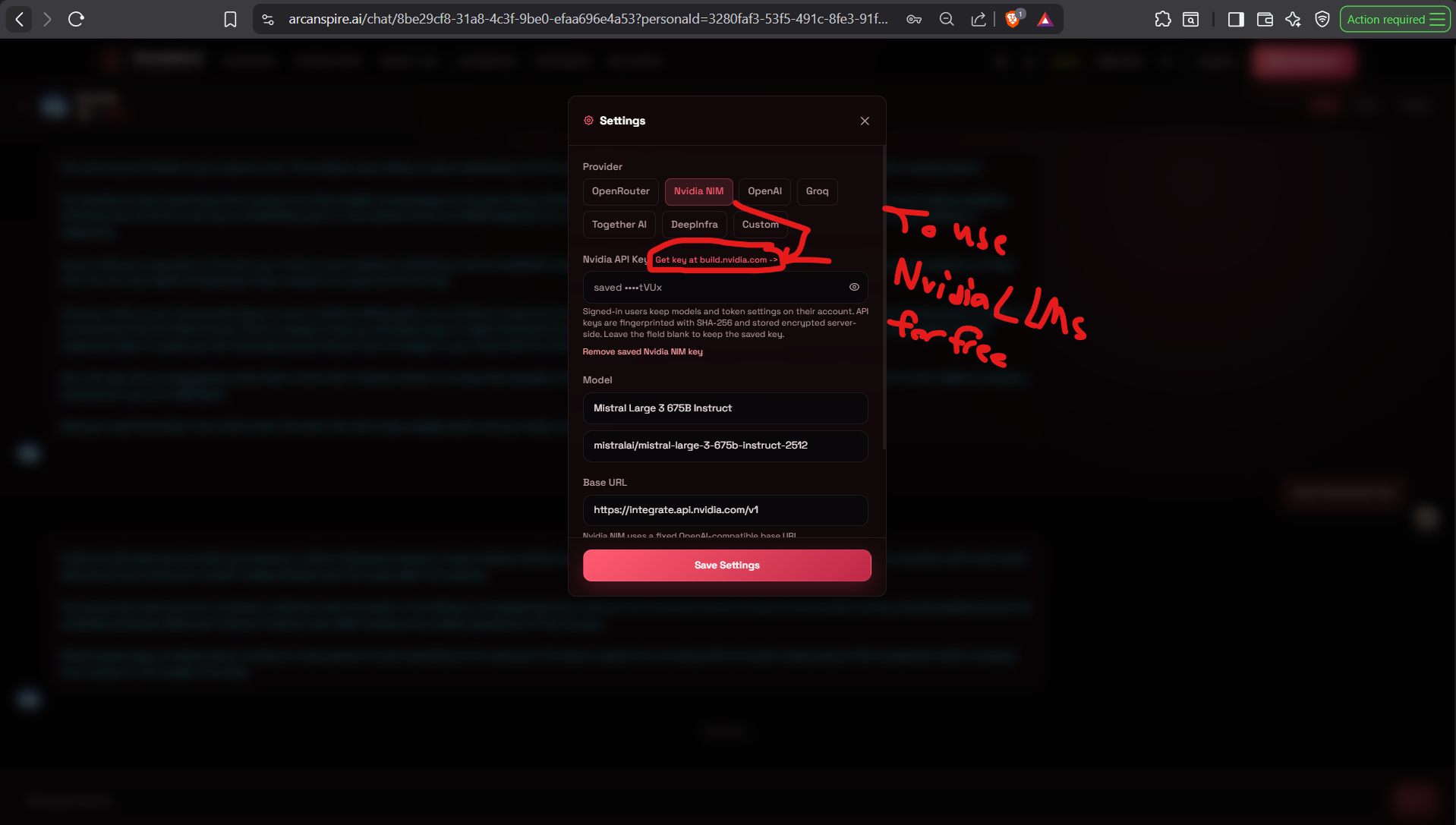 Arcanspire settings modal with the Nvidia NIM provider selected and the build.nvidia.com link highlighted.