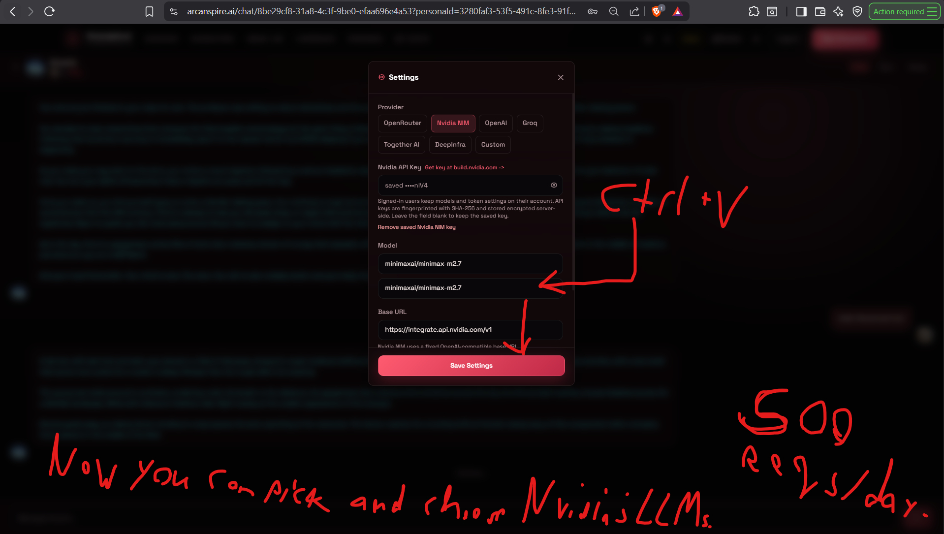 Arcanspire Nvidia settings with the model field and Save Settings button highlighted.