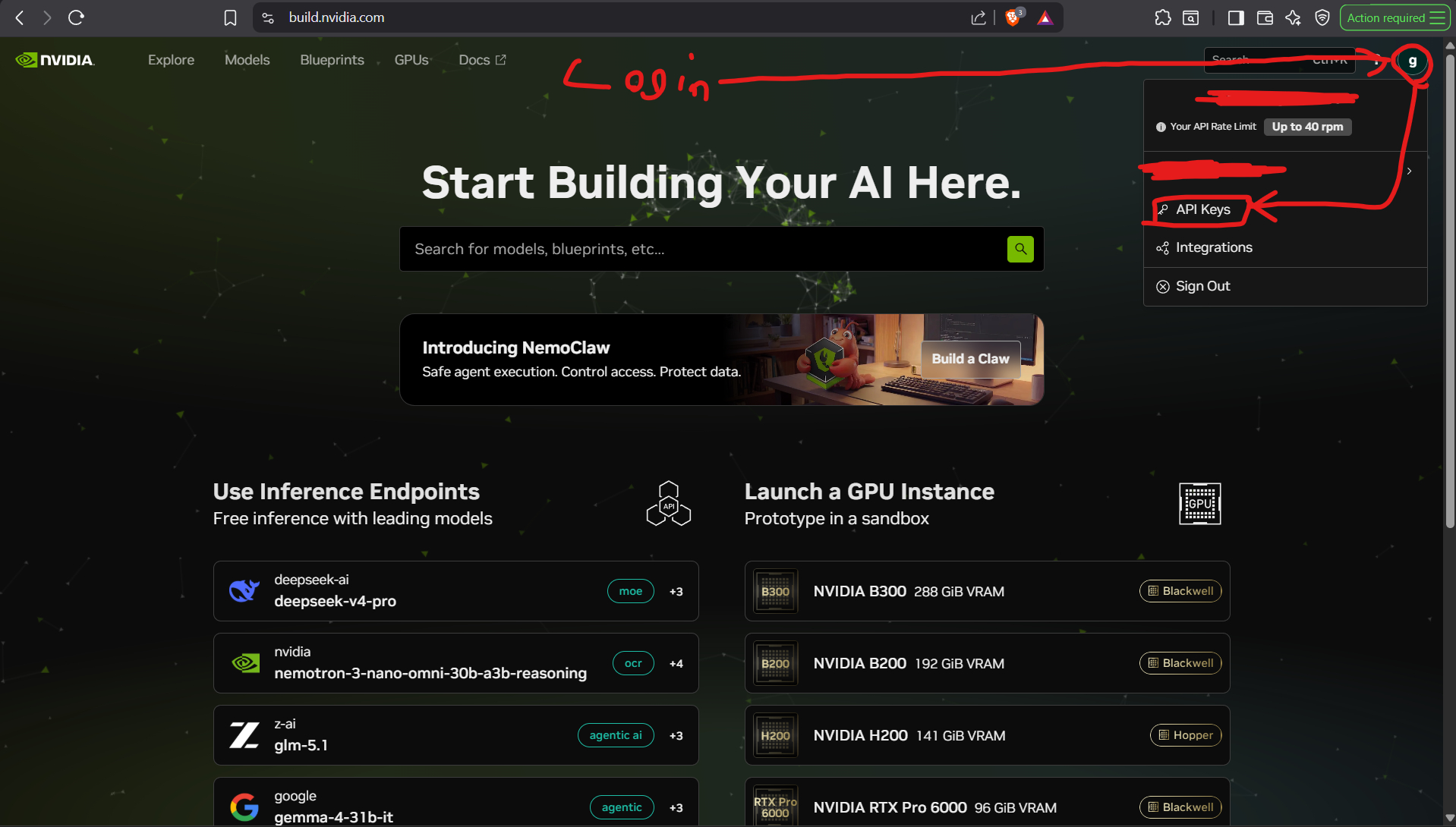 Nvidia Build home page with the profile menu and API Keys item highlighted.