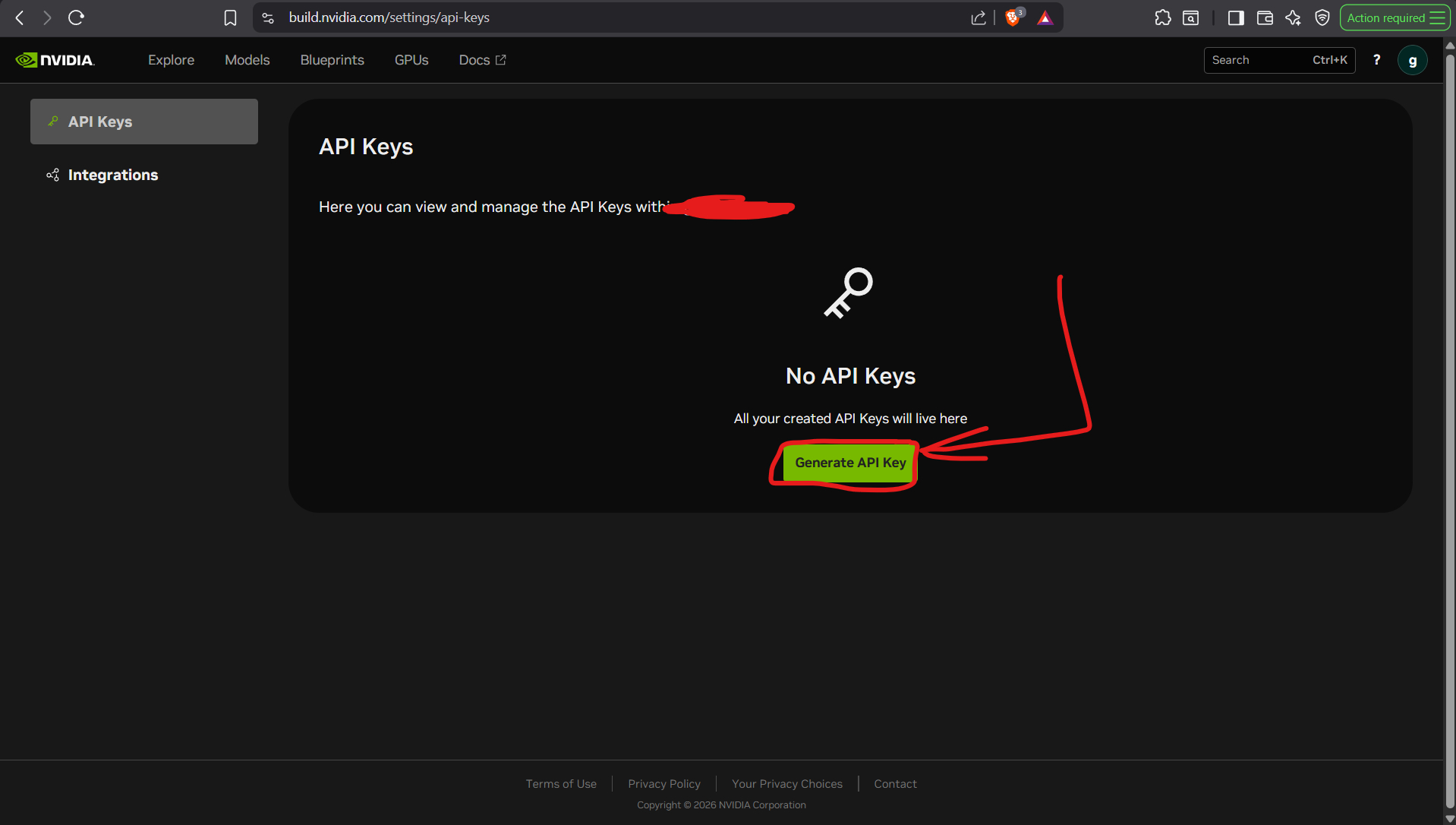 Nvidia API Keys page with the Generate API Key button highlighted.