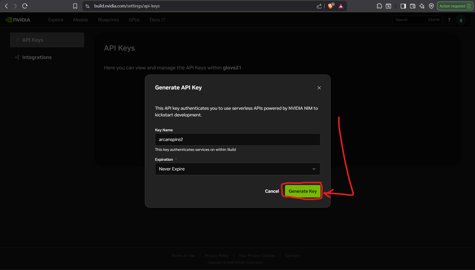Nvidia Generate API Key modal with the Generate Key button highlighted.