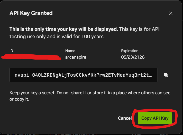 Nvidia API Key Granted modal with the Copy API Key button highlighted.