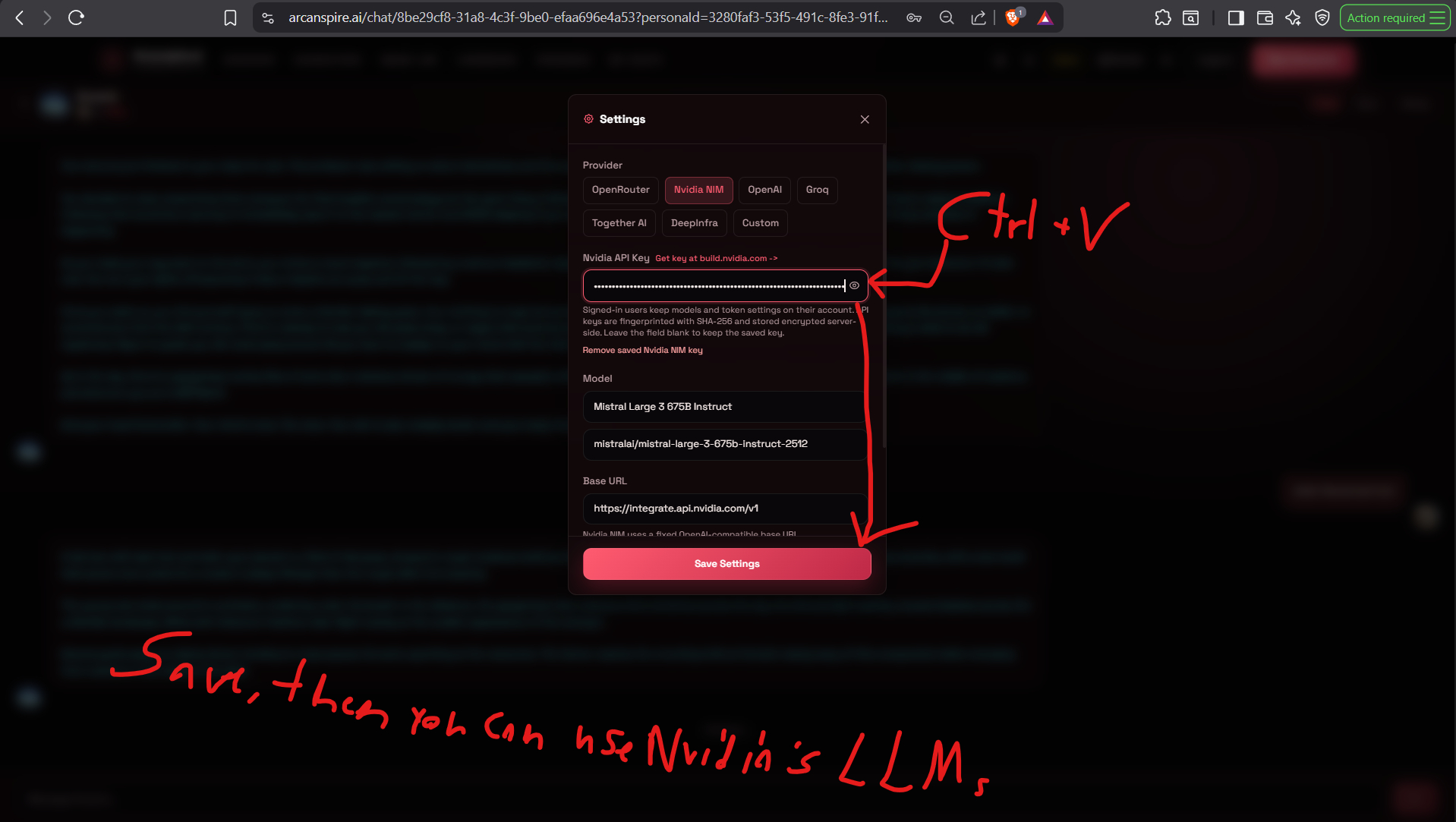 Arcanspire Nvidia settings with the API key field and Save button highlighted.