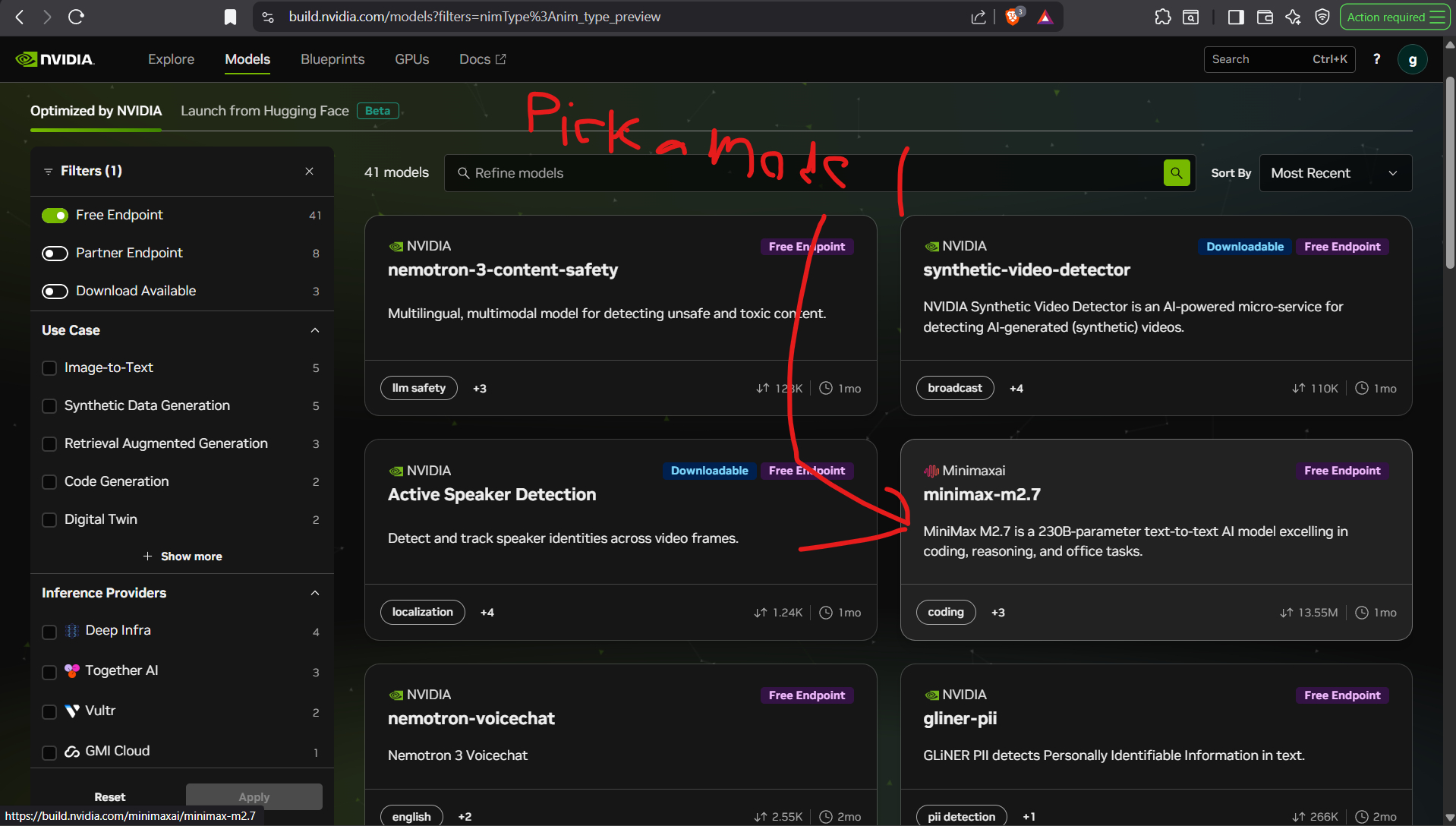 Nvidia model browser filtered to free endpoint models with one model highlighted.