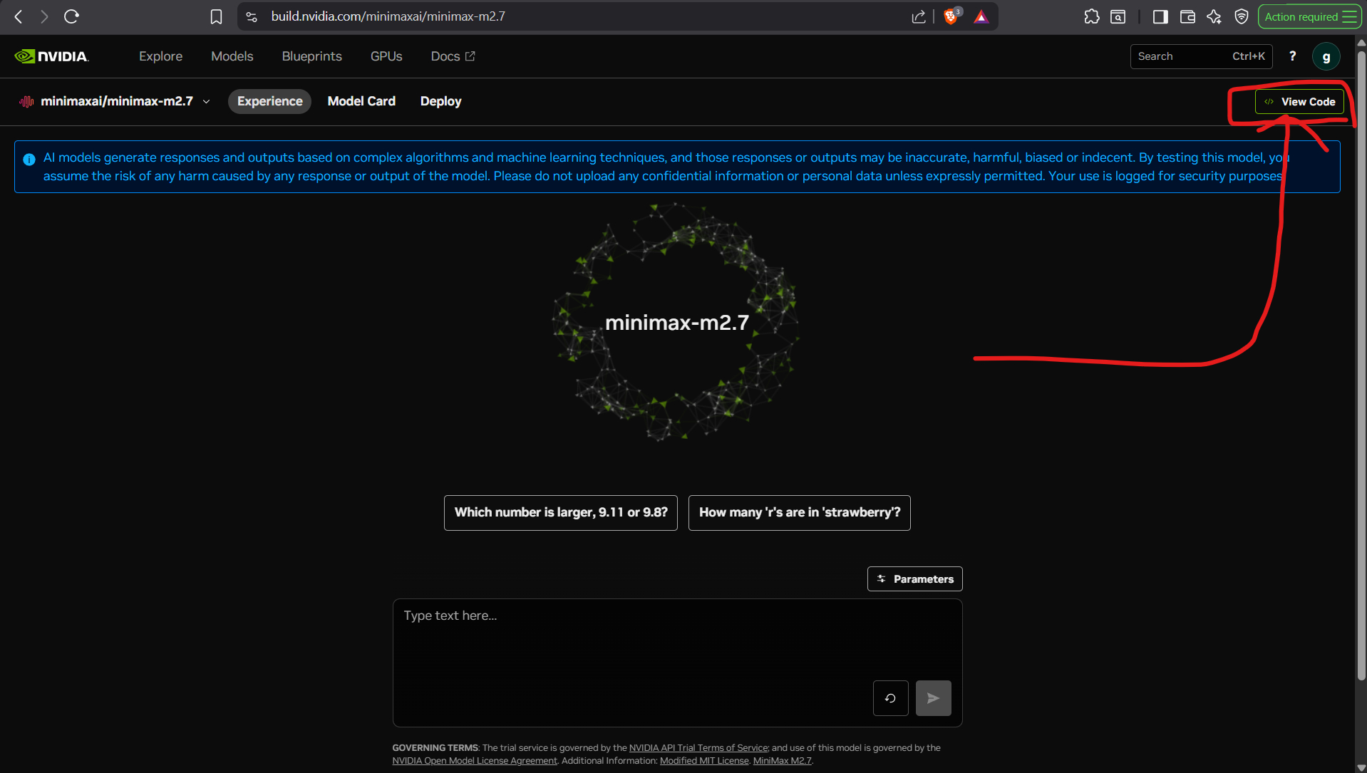 Nvidia model page with the View Code button highlighted.