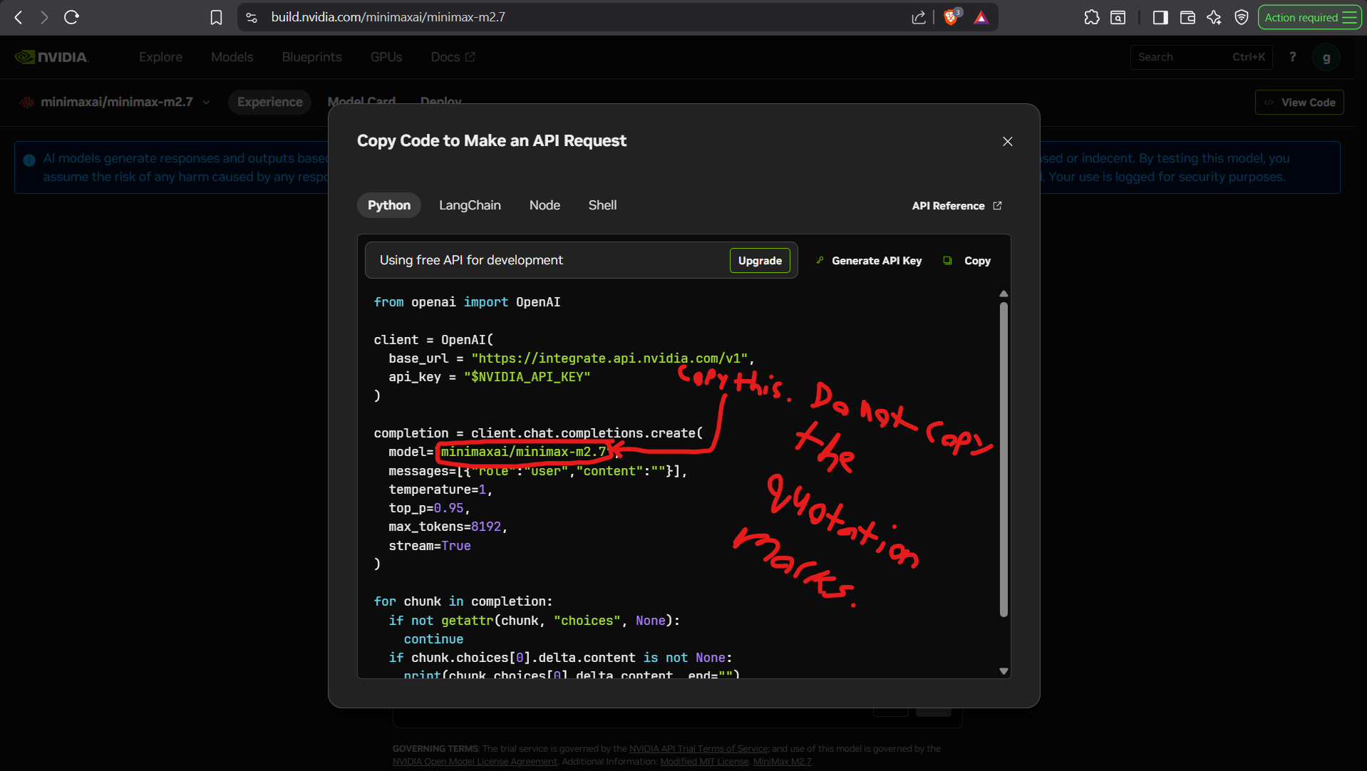 Nvidia View Code dialog with the model identifier line highlighted.