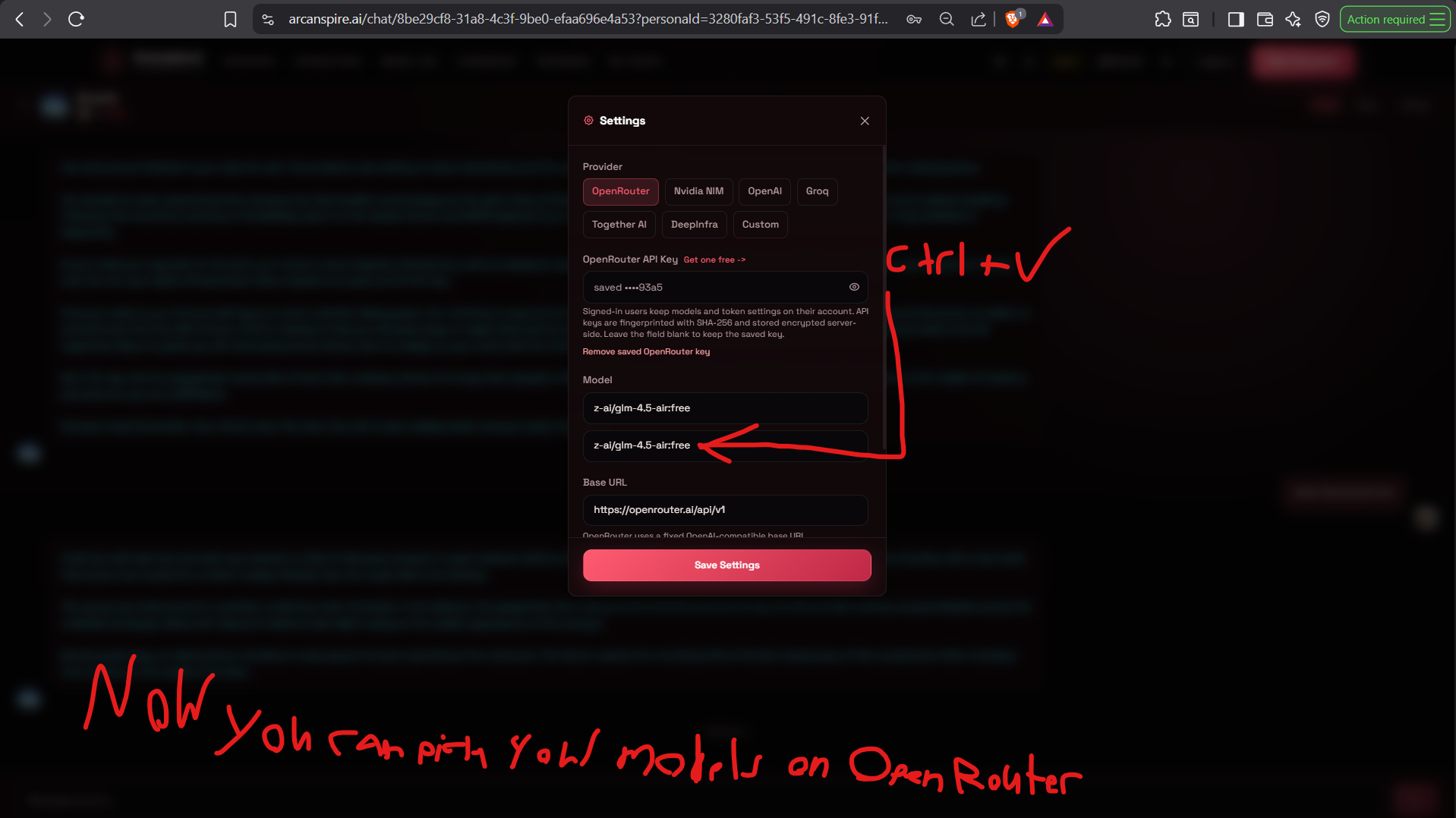 Arcanspire settings modal with a custom OpenRouter model pasted into the Model field and Save Settings highlighted.