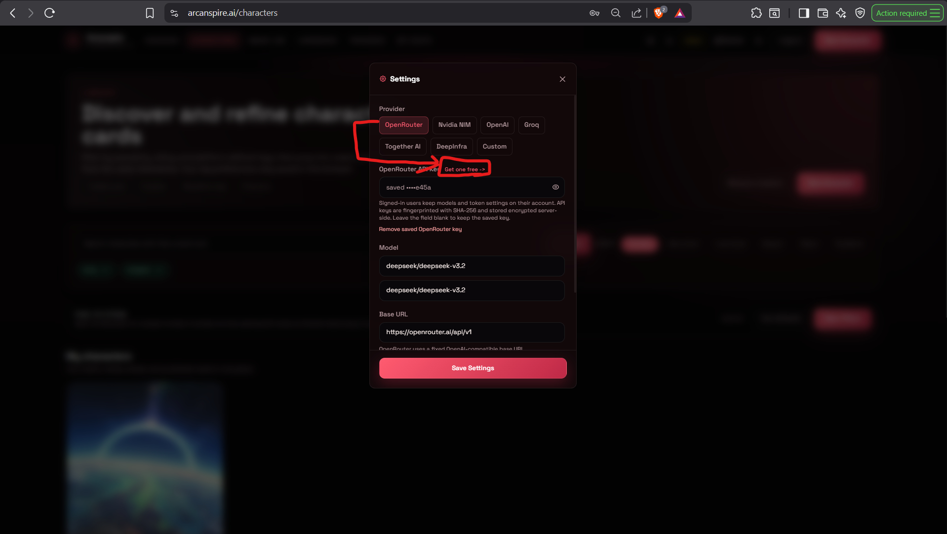 Arcanspire settings modal with the OpenRouter tab and the Get one free link highlighted.