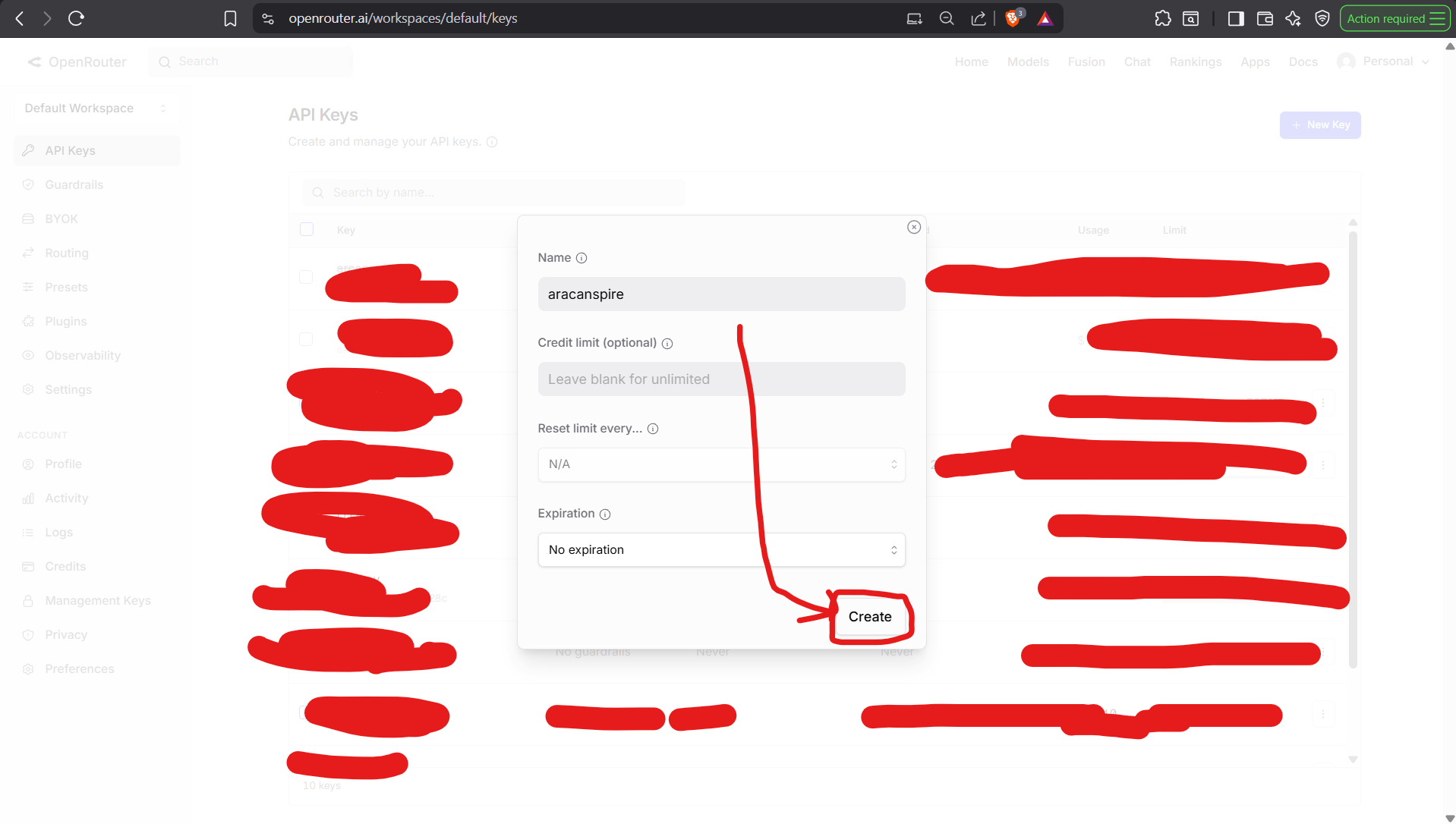 OpenRouter create key modal with the Create button highlighted.