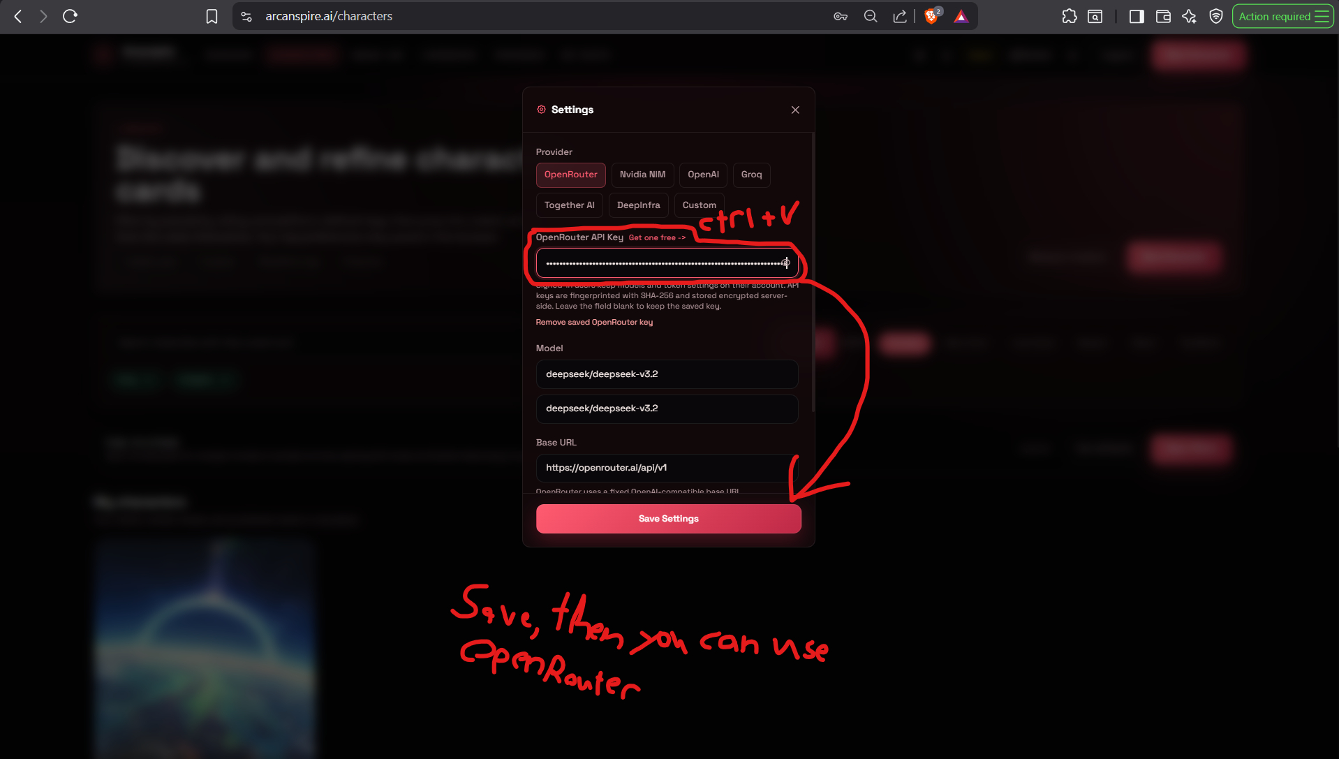 Arcanspire settings modal with the OpenRouter API key pasted and the Save Settings button highlighted.